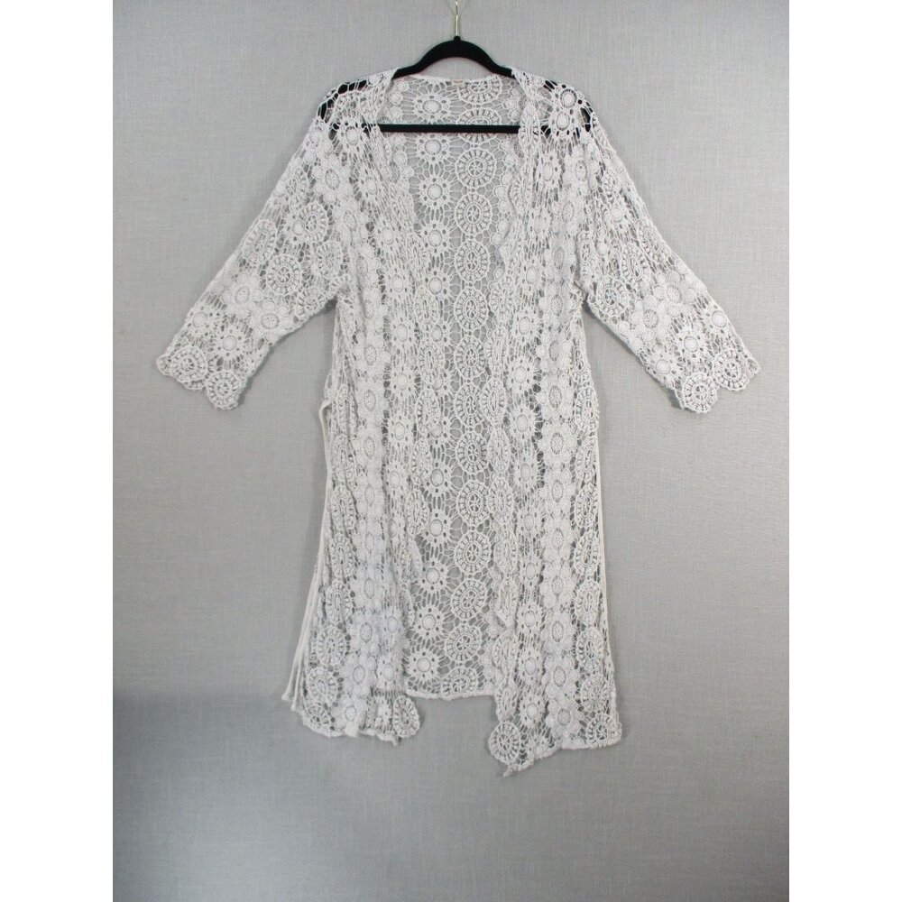 Mossimo White Crochet Open-Front Kimono‎ Cardigan Floral Lace Size M 100% Cotton